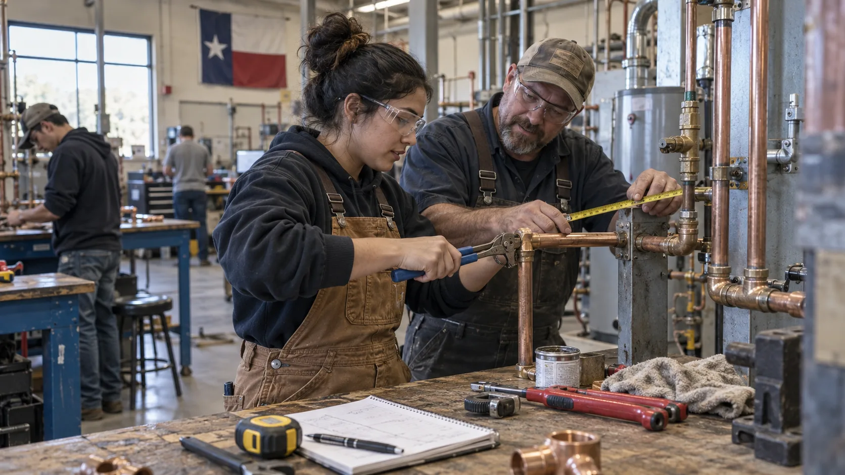 A plumbing instructor helps a young apprentice measure and fit copper pipe in a Texas trade-school lab.