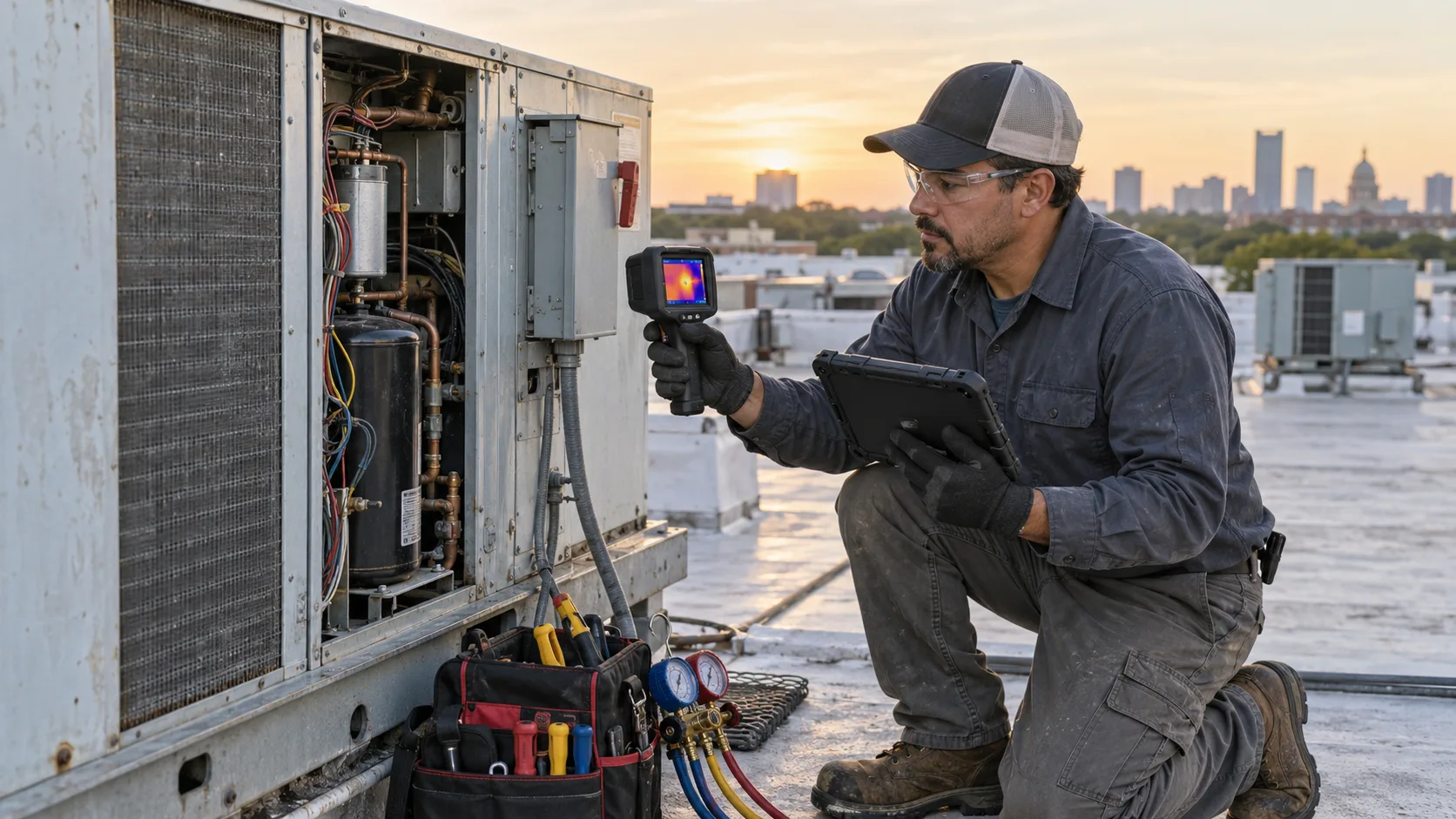 An HVAC technician uses a thermal camera and tablet to diagnose rooftop cooling equipment.