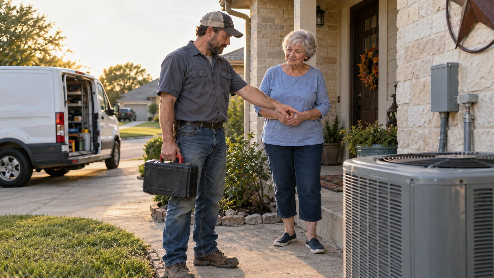 A residential service technician explains an air-conditioning repair to an older homeowner outside her house.