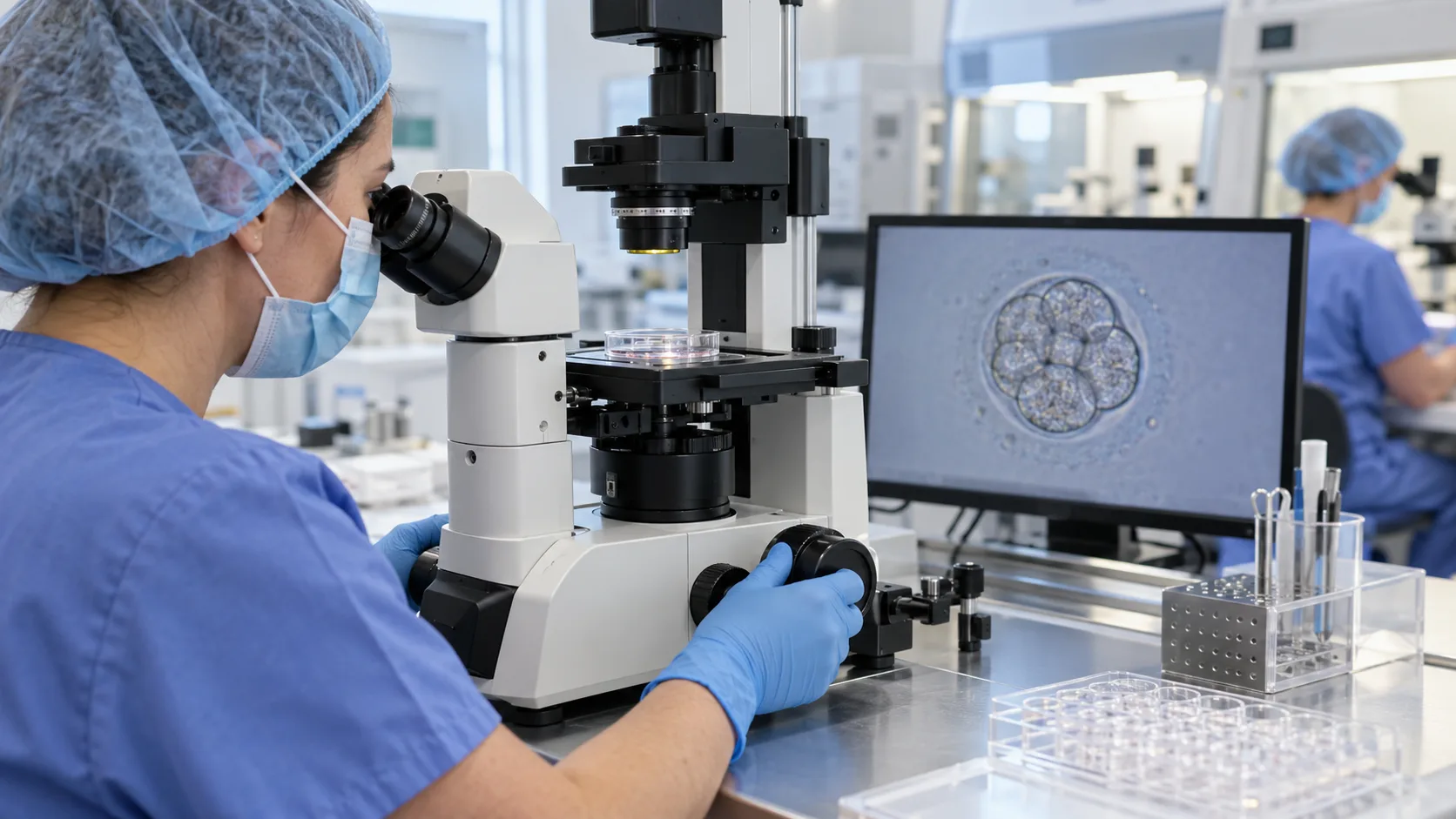 An embryologist examines an early-stage embryo before a possible transfer — AI-generated editorial illustration