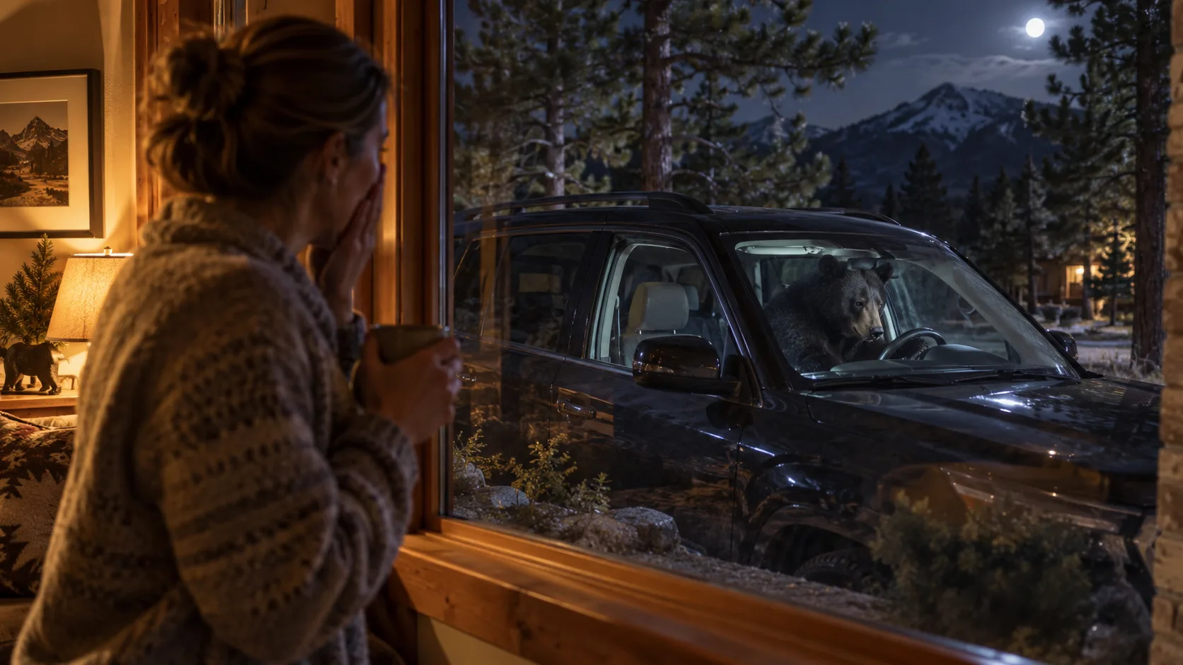 Homeowner safely watches from a window as a black bear sits inside an SUV