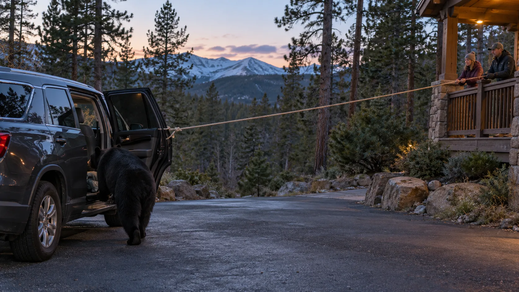 Long rope opens an SUV door from a safe distance as a black bear exits toward the woods
