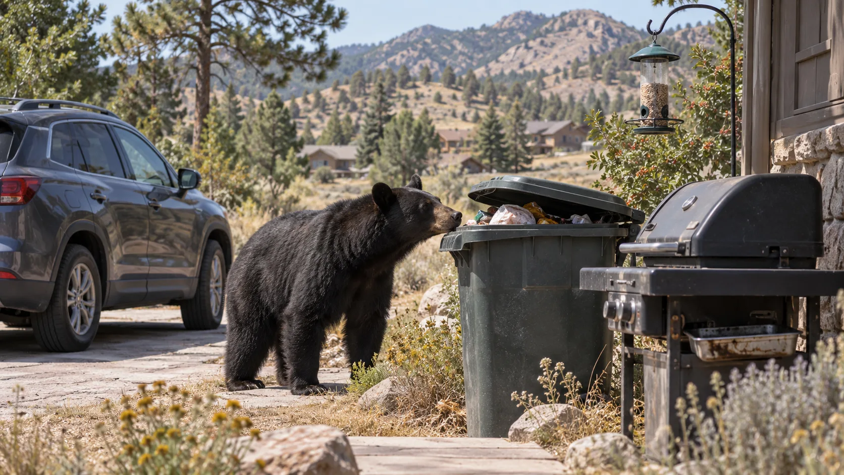 Black bear approaches unsecured trash, birdseed and grill grease in dry Colorado foothills