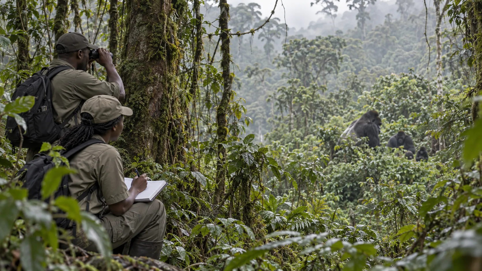 Congolese monitors continue to observe the gorilla family from a respectful distance as Lulingu raises her infant.