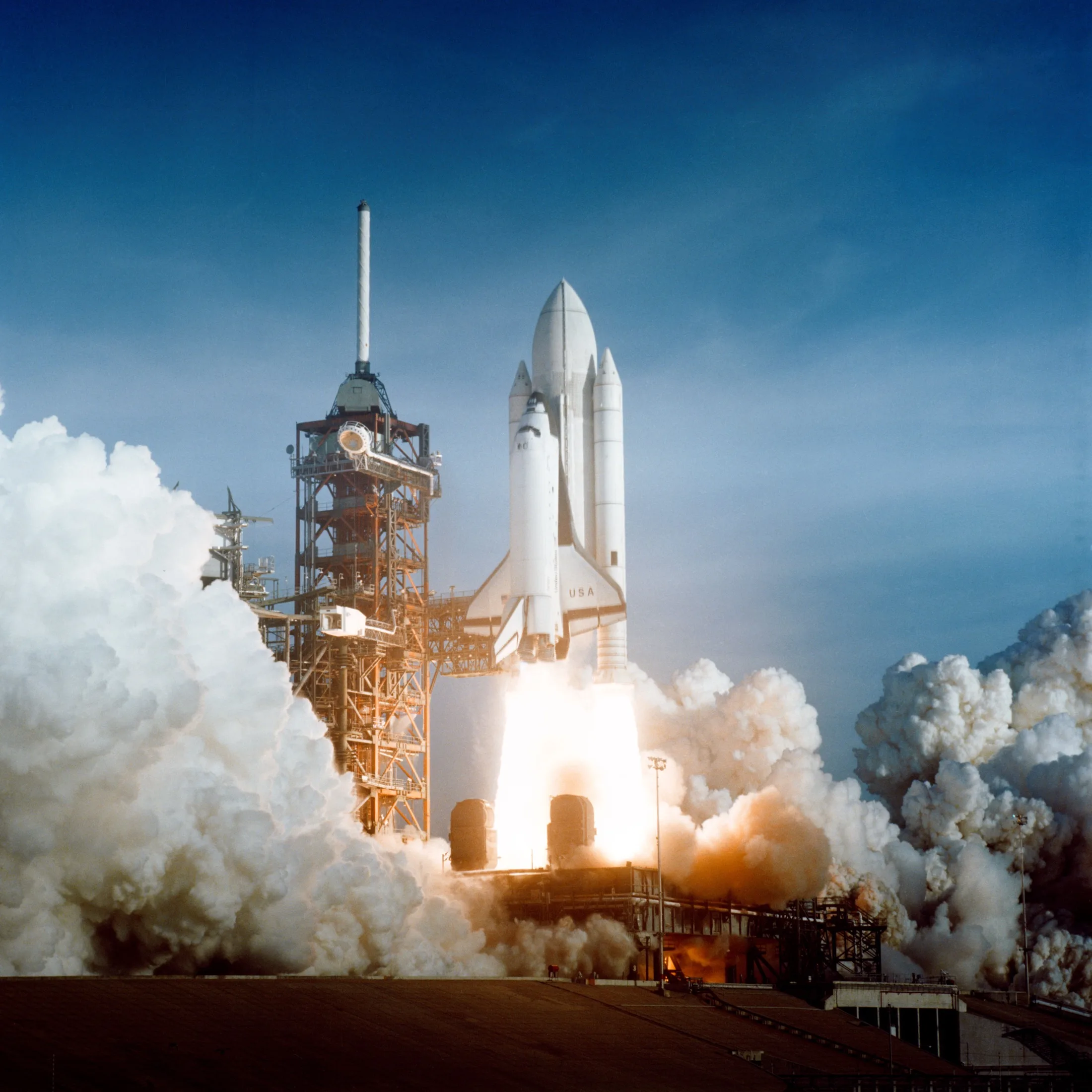 Space Shuttle Columbia lifting off on STS-1, April 12, 1981, with John Young and Robert Crippen aboard
