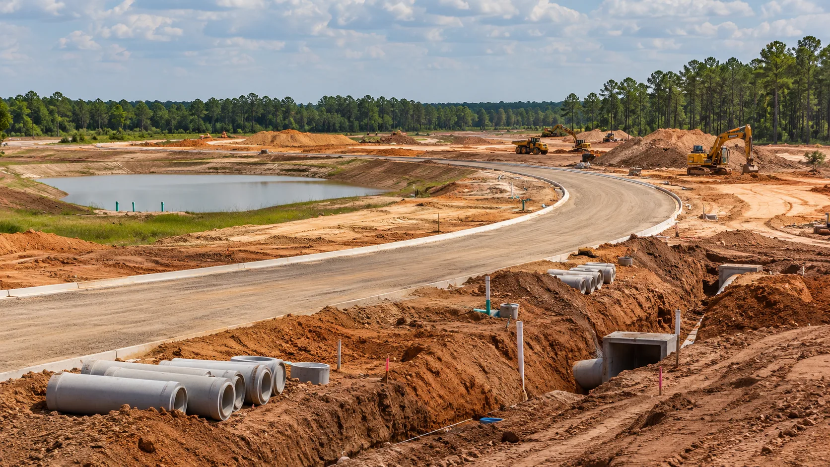 Before houses rise, subdivision work begins with grading, drainage, roadbeds and utility preparation. Illustrative editorial image.
