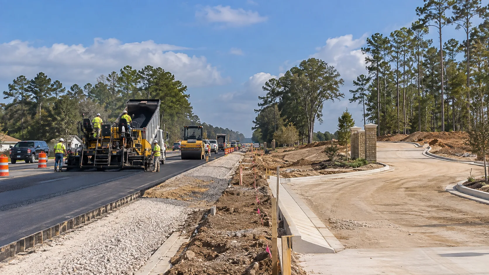 Public road construction and private subdivision work can occur side by side without being financed by the same party. Illustrative editorial image. Generic Texas growth corridor.
