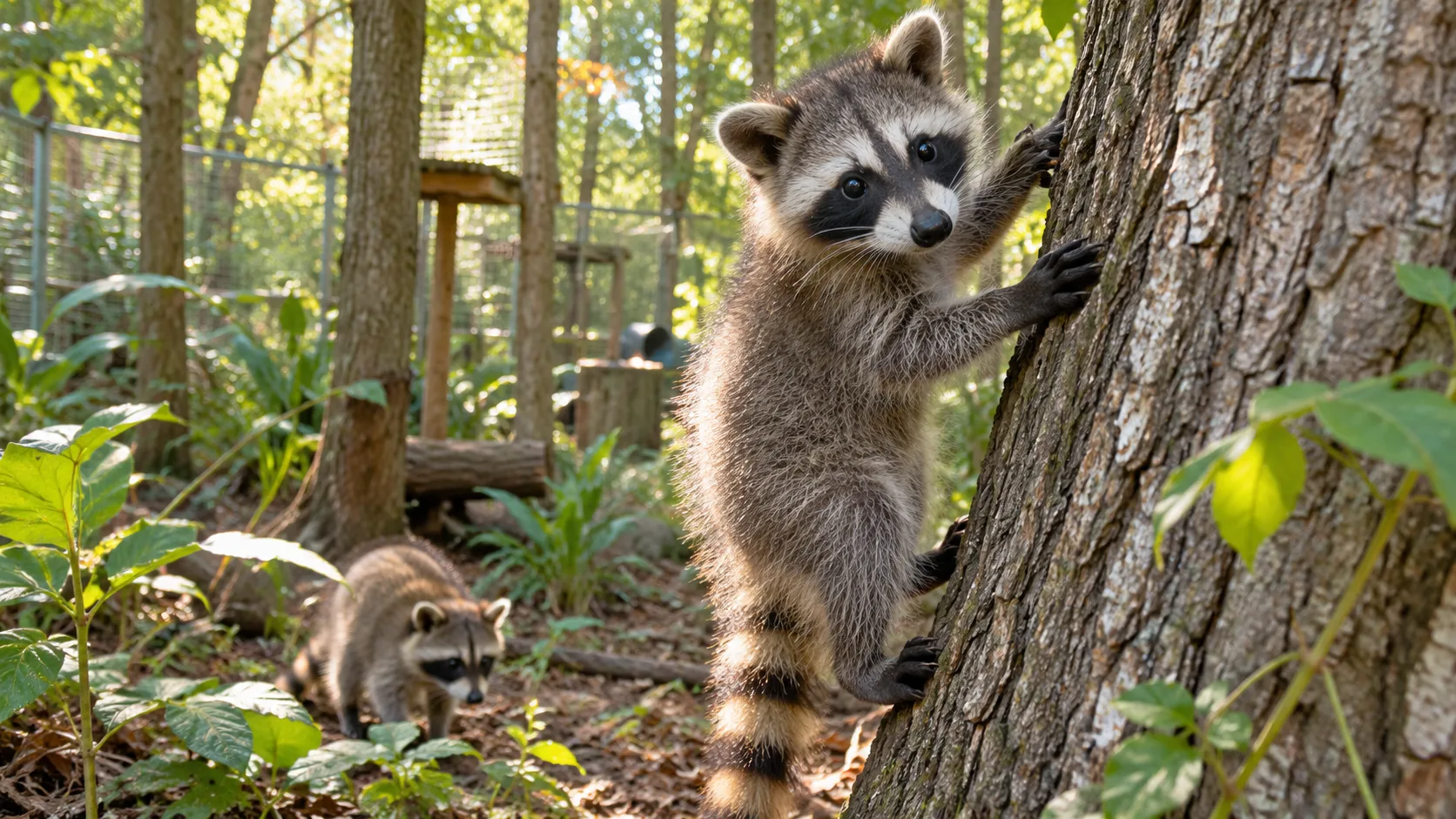 Young raccoon climbing a tree while learning escape and woodland movement skills