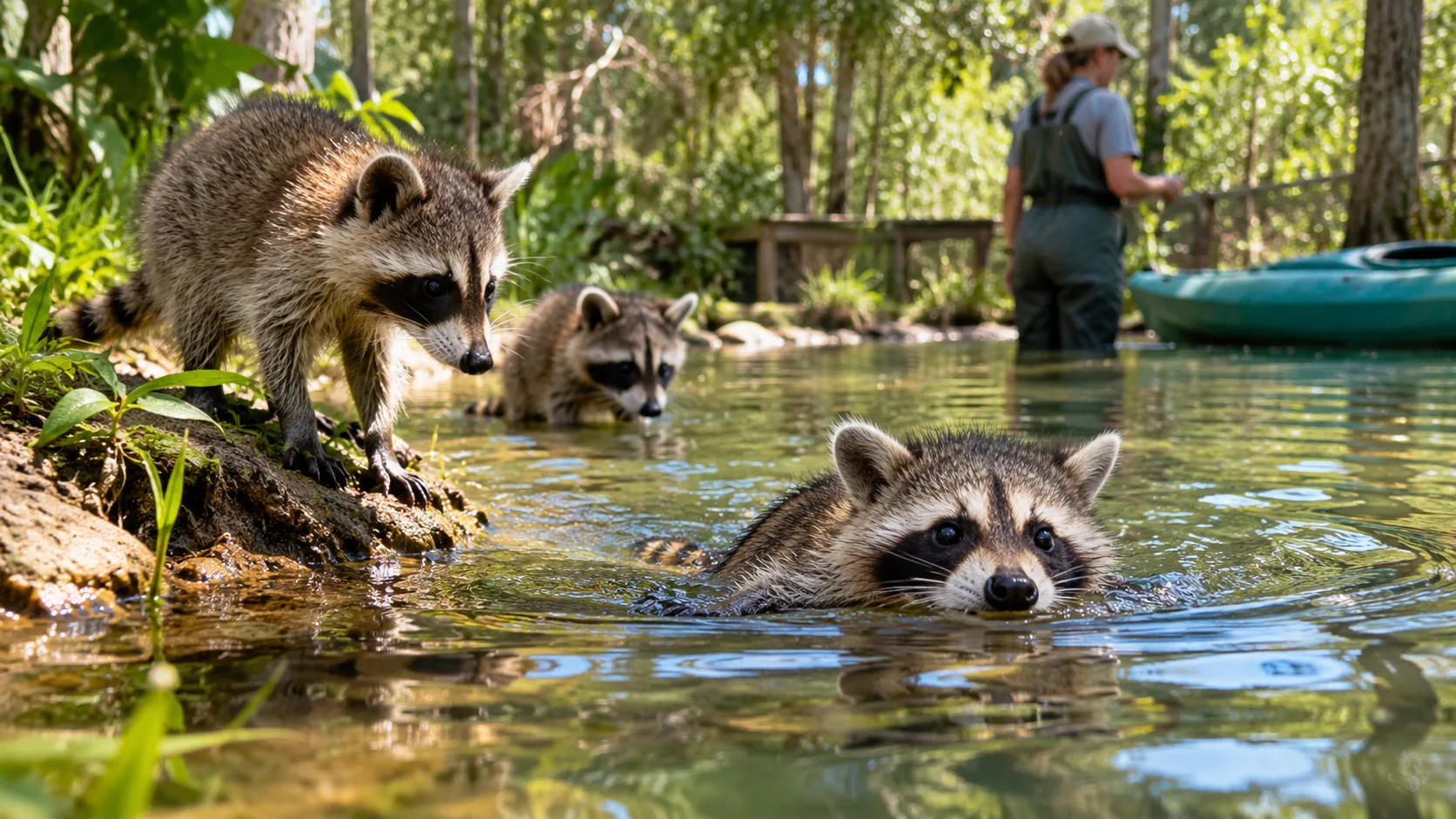 Raccoon kits practicing in a pond while a caregiver observes from a distance