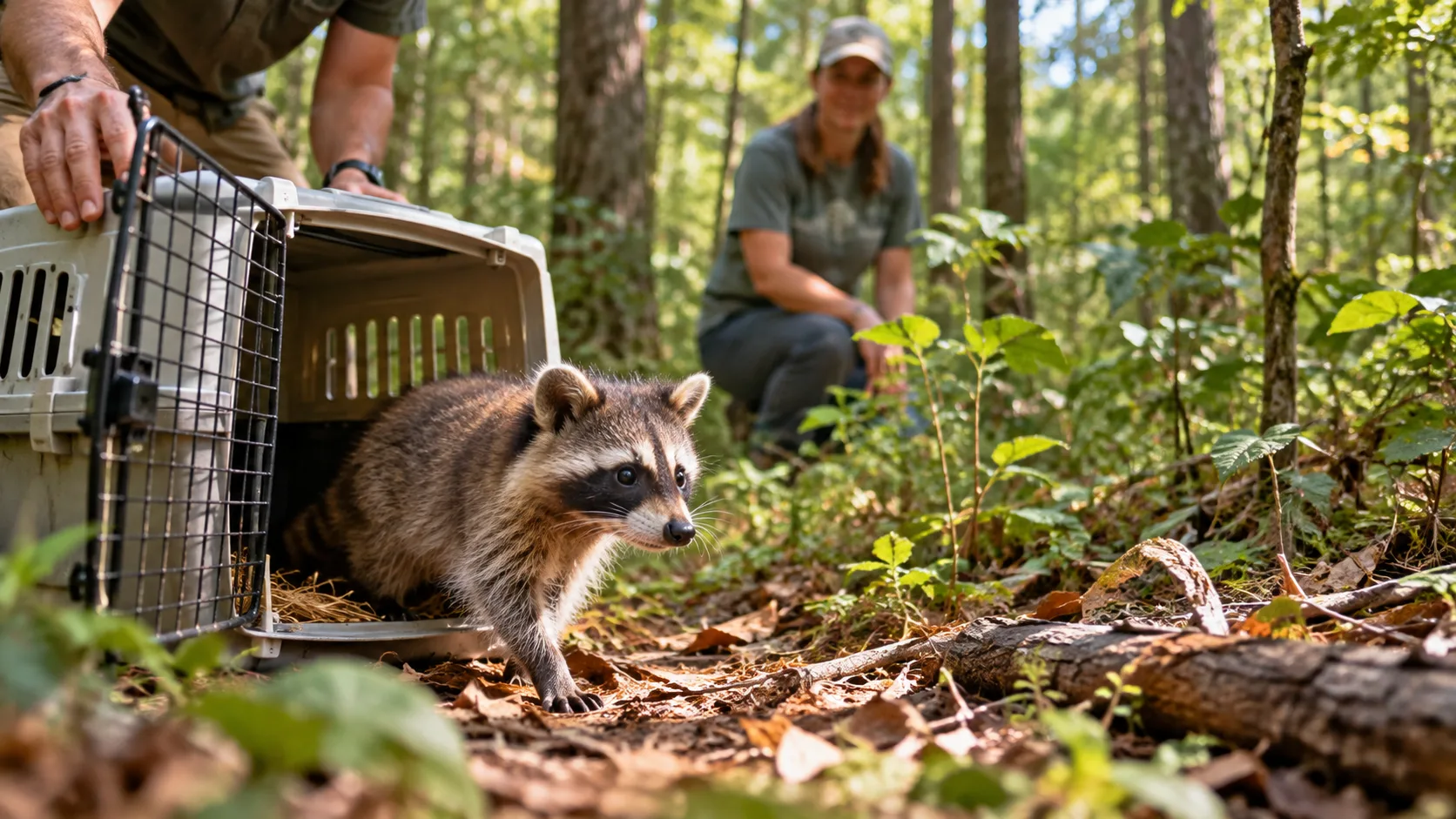 Rehabilitated raccoon stepping from a carrier back into the forest