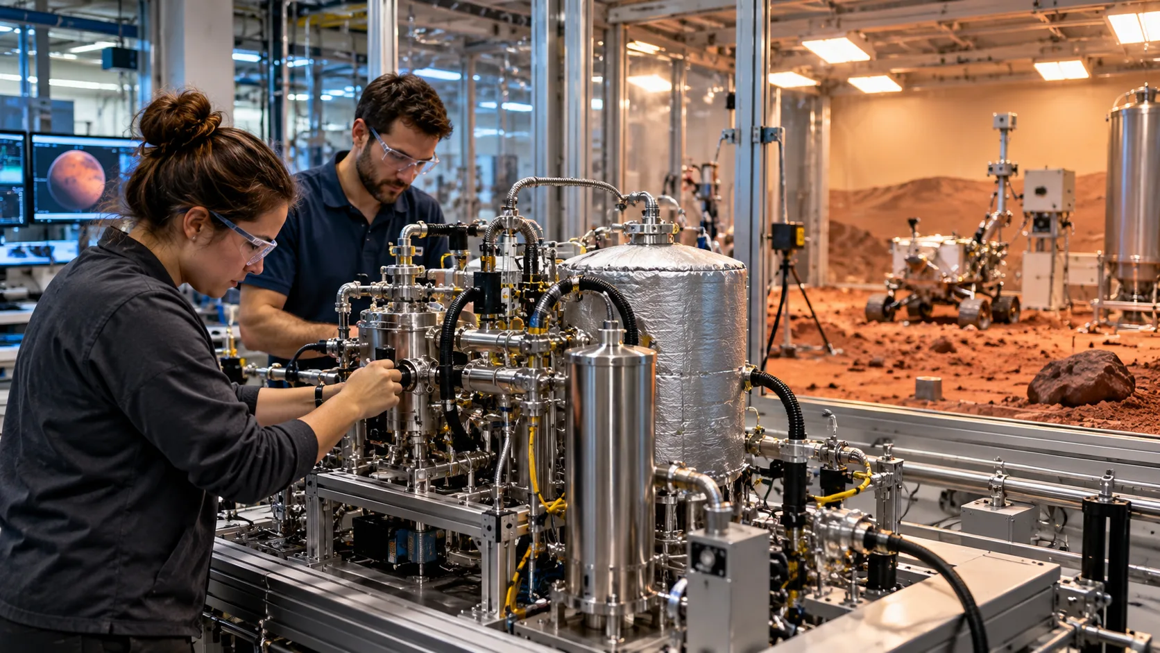 Engineers test compact gas-processing hardware beside a Mars-simulation environment. Illustrative editorial image.