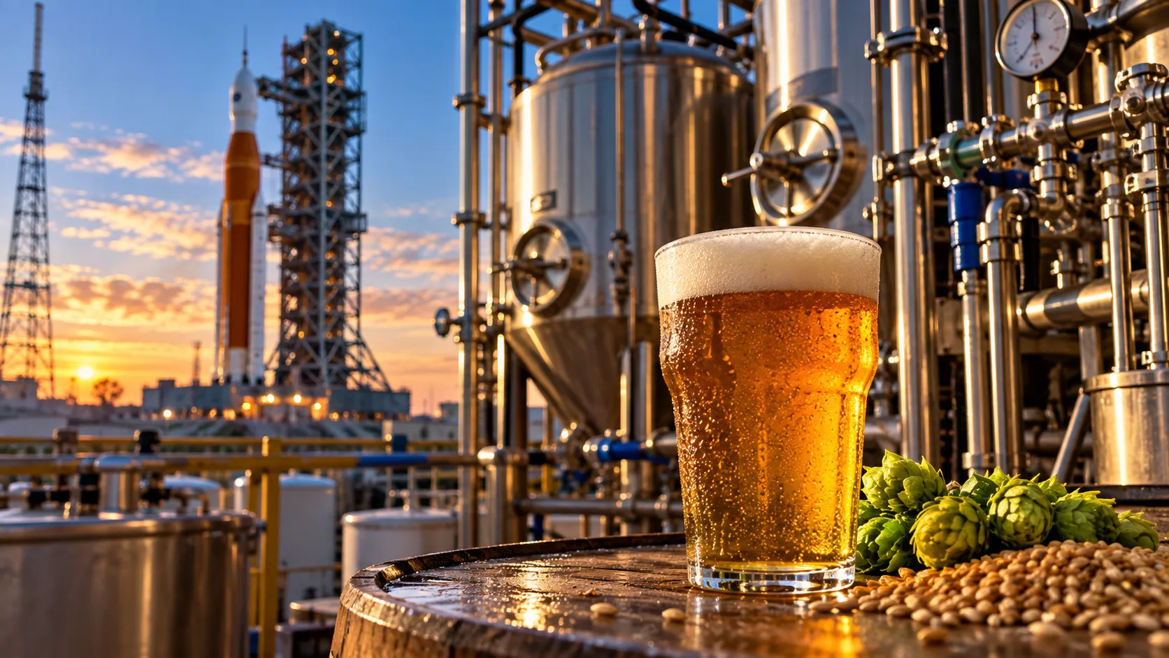 A visual bridge between spaceflight engineering and an Earthbound pint. Illustrative editorial image.