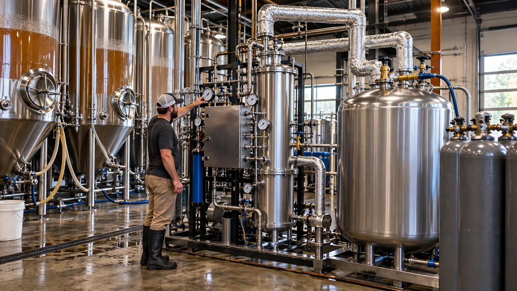 Brewery gas-processing equipment represents the closed-loop idea of capturing and reusing fermentation CO2. Illustrative editorial image.