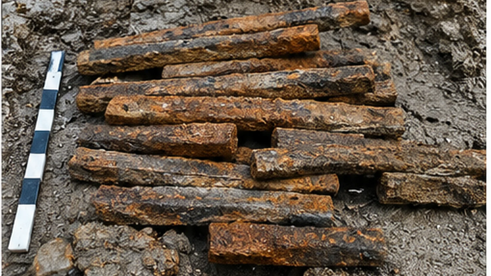 Illustrative close view of corroded iron semi-products similar in concept to the bars described in the study