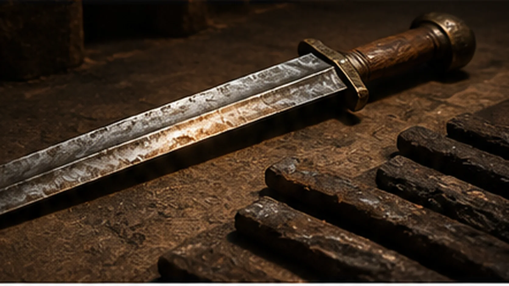 Illustrative comparison showing raw iron bars beside a forged blade; the Deinham find consisted of semi-products, not finished swords