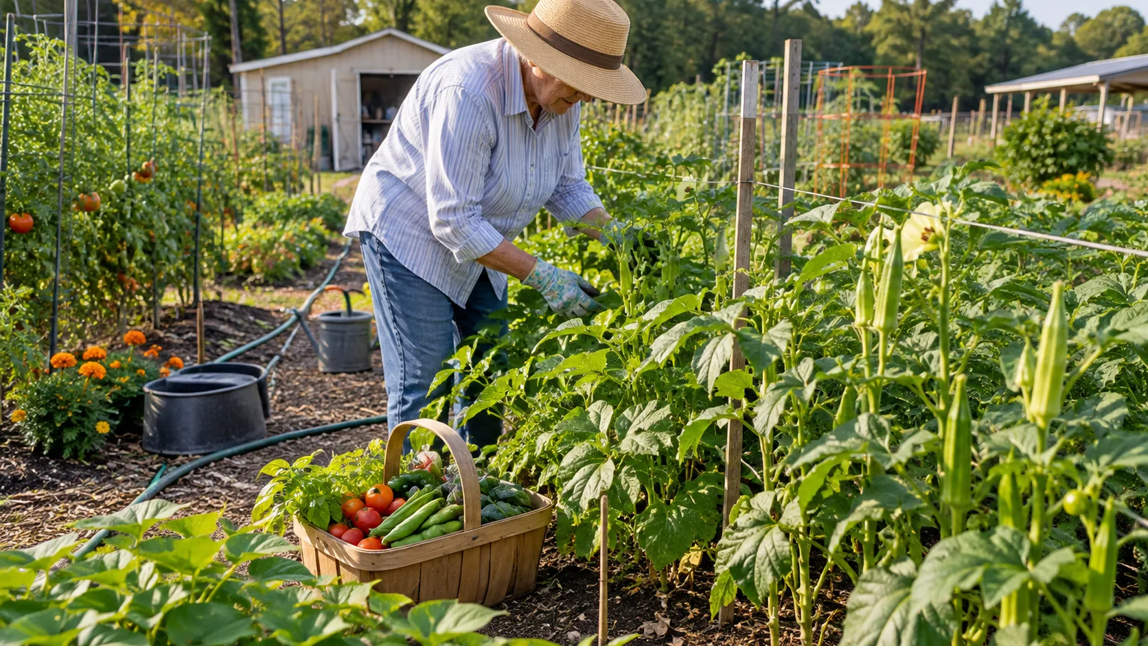 Individual plot — a senior gardener working among vegetables with a fresh harvest nearby. Illustrative editorial image.