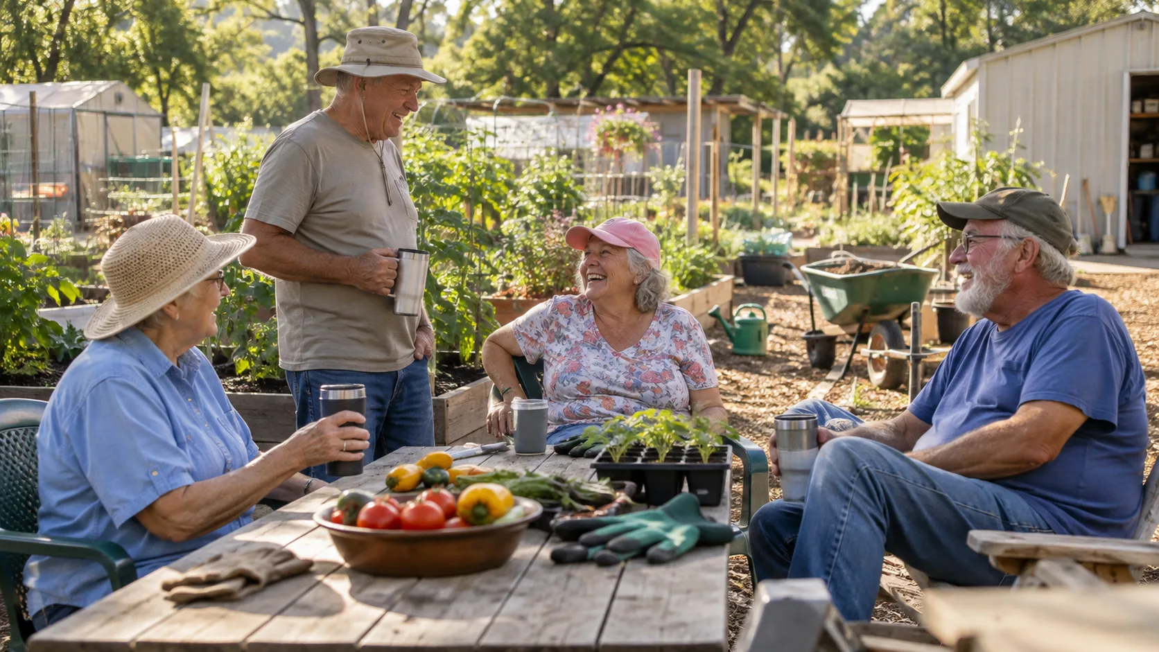 Gardeners visiting together beside their plots, reflecting the social side of the senior garden. Illustrative editorial image.