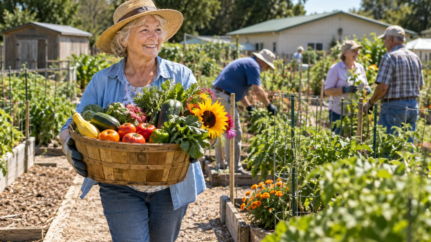 A gardener carrying produce while other gardeners work and visit in the background. Illustrative editorial image.