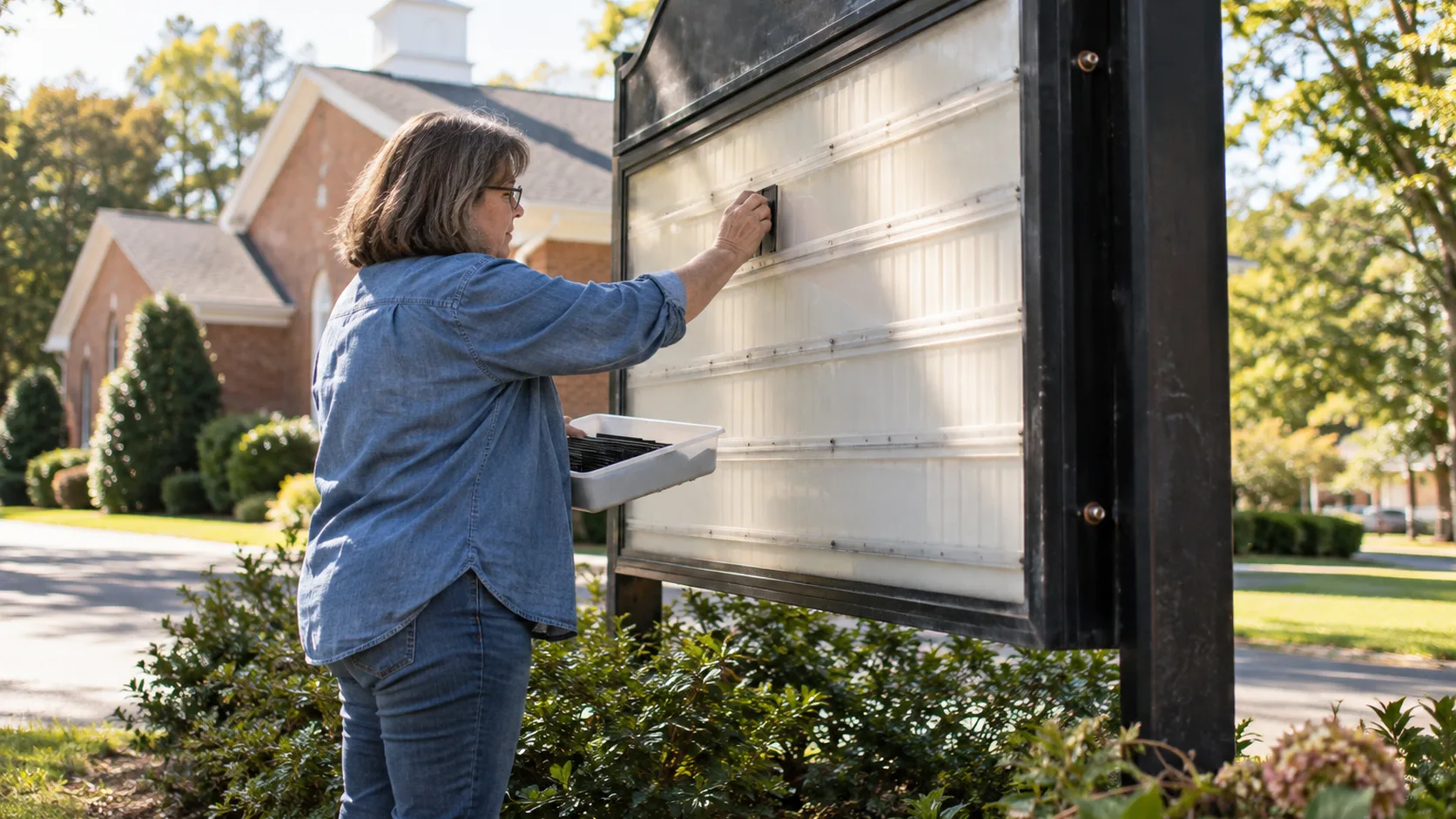 A volunteer changing a traditional church marquee — illustrative editorial image