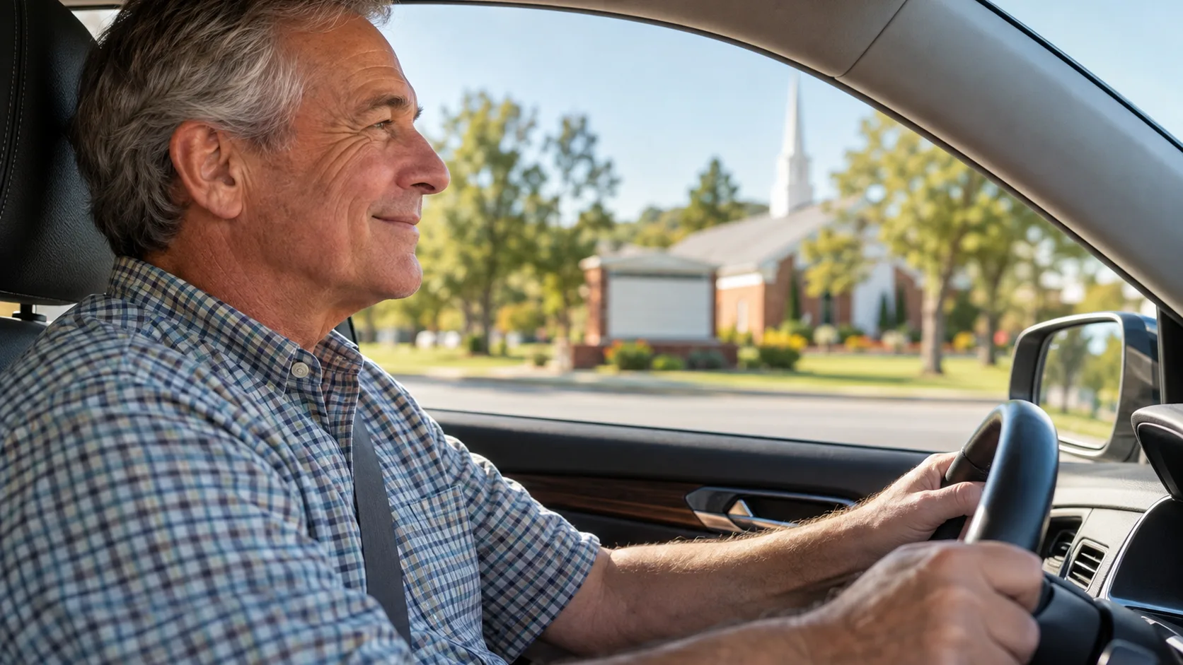 A driver notices a church and its roadside sign — illustrative editorial image