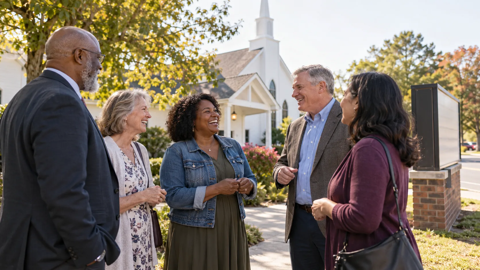 Church members sharing a warm conversation outside — illustrative editorial image