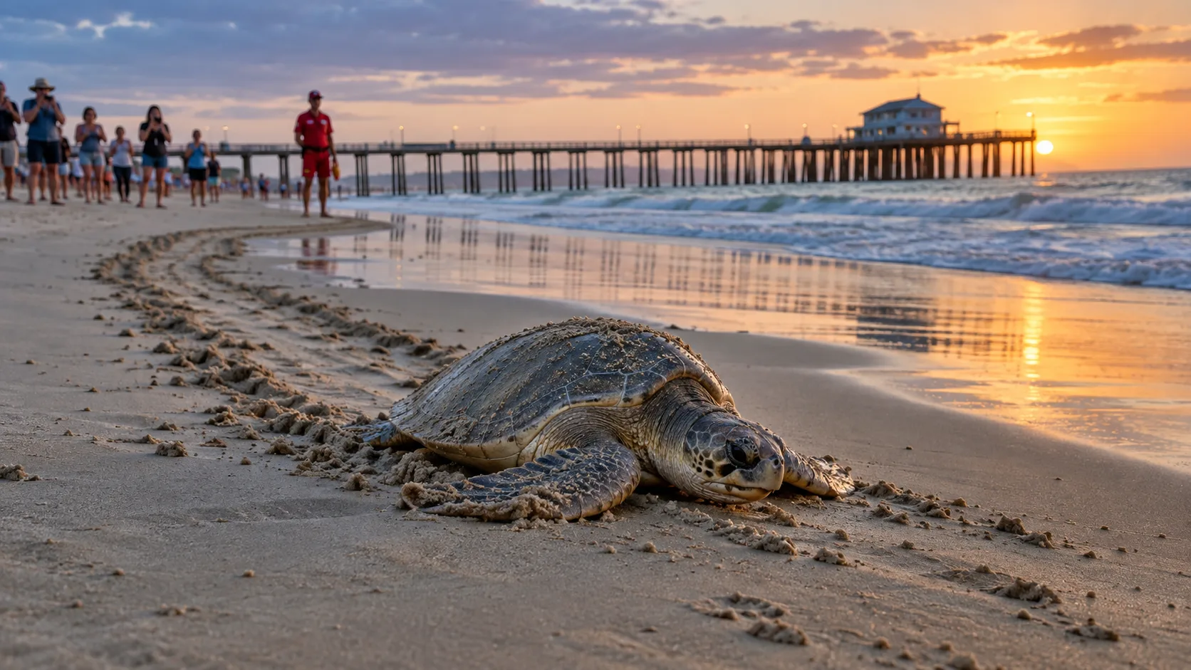 A second olive ridley sea turtle near a Southern California pier. Illustrative editorial image.