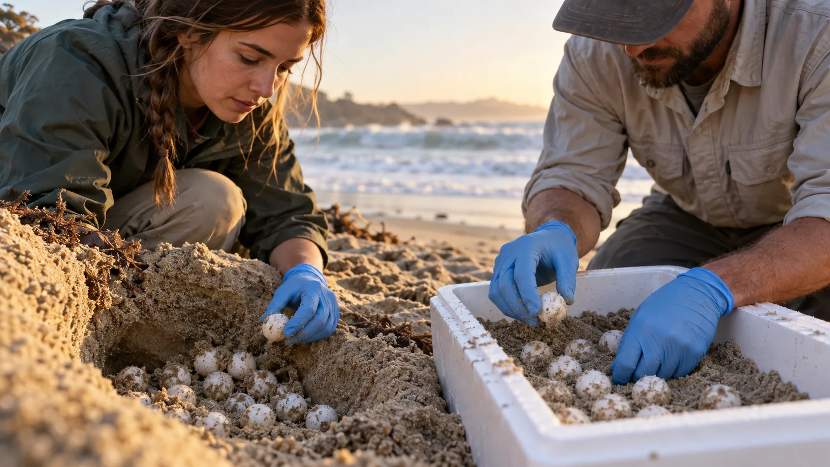 Biologists carefully transfer turtle eggs before hazardous surf. Illustrative editorial image.