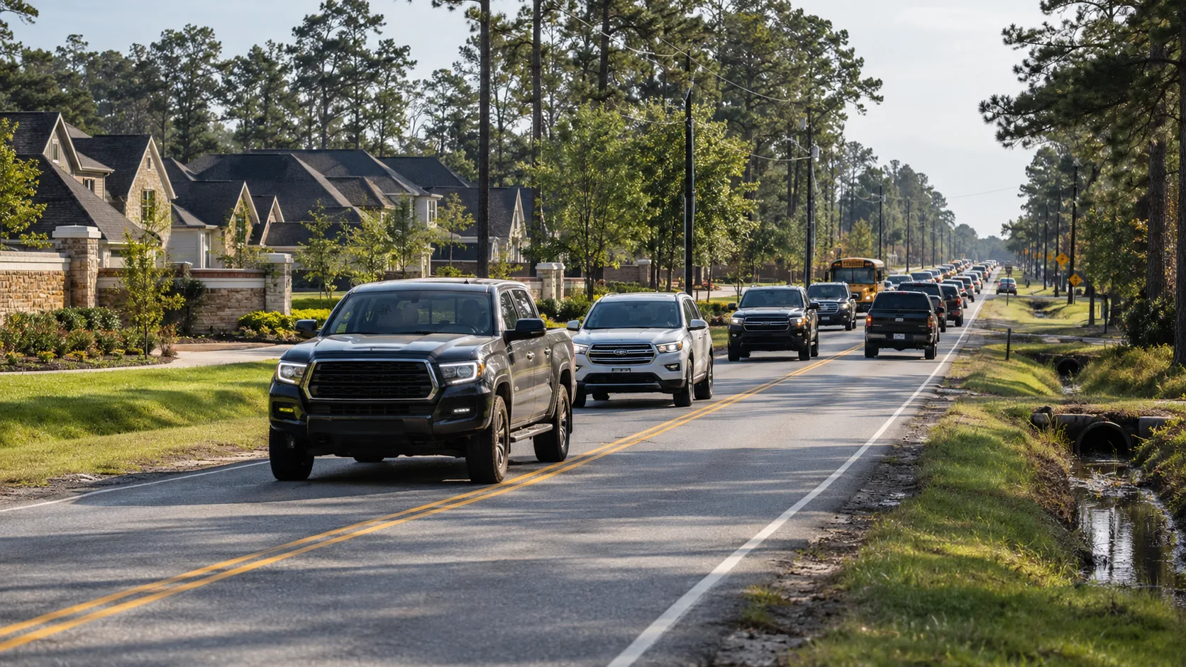 Morning traffic passes homes and schools along a narrow two-lane farm-to-market road near Willis