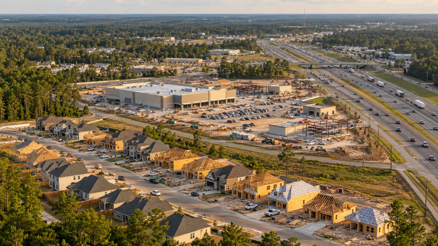 New homes and commercial construction rise together near the Interstate 45 corridor at Moran Ranch