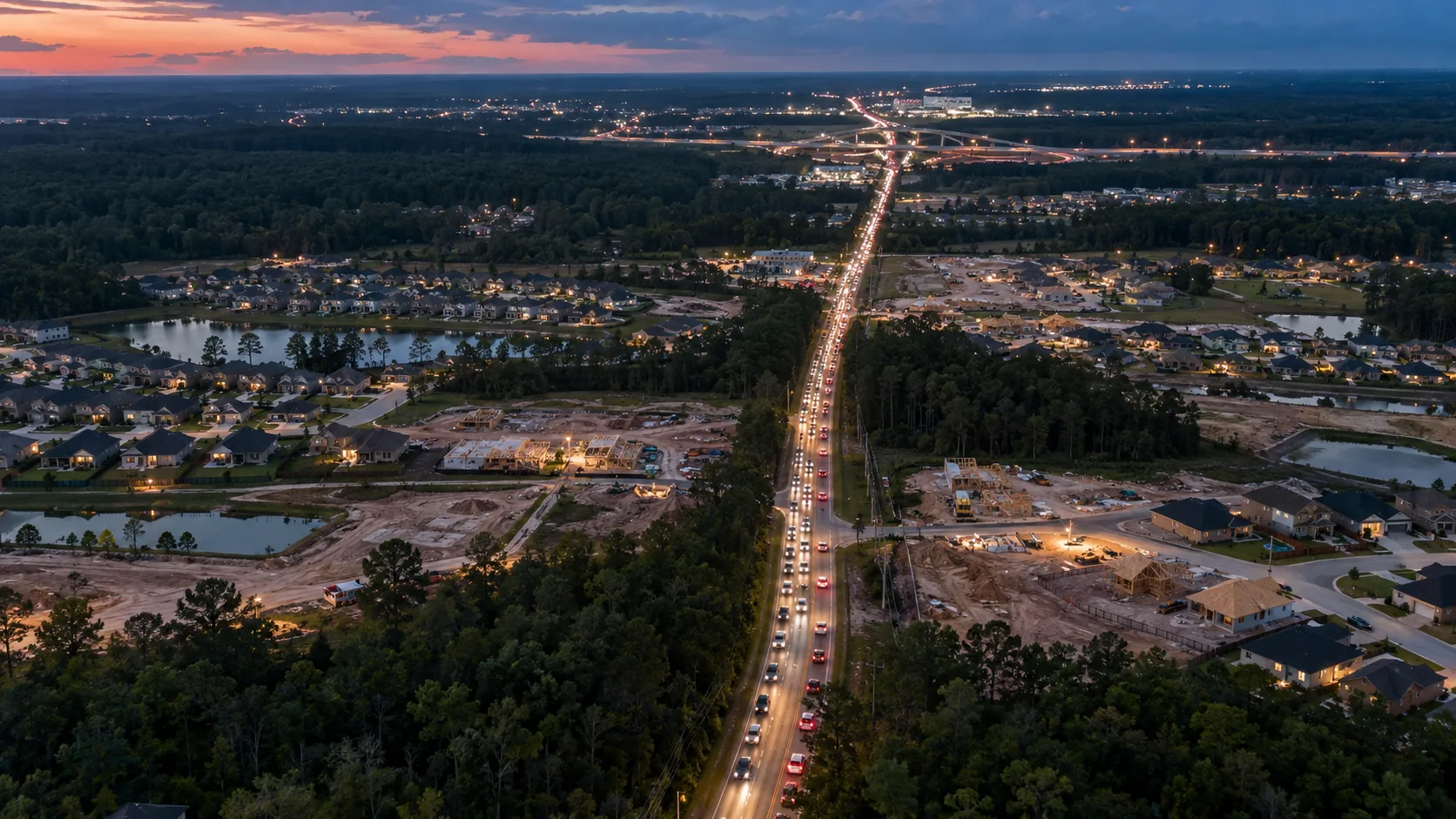 Subdivisions and construction feed into a narrow road carrying evening traffic toward the highway near Willis