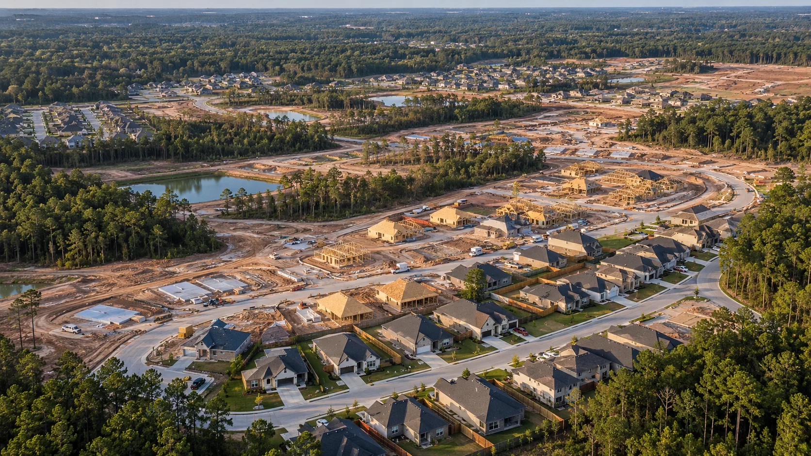 Development pipeline — Completed neighborhoods, framed homes and cleared land show how construction moves through several stages at once. Illustrative editorial image.