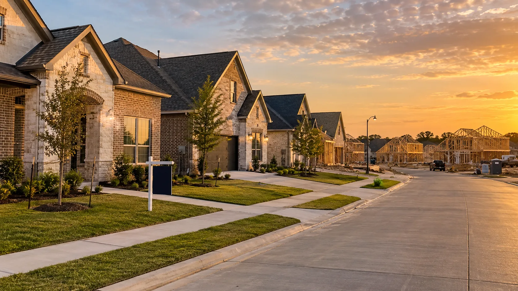 Two markets on one street — Finished quick-move-in homes wait for buyers while the next houses continue rising nearby. Illustrative editorial image.