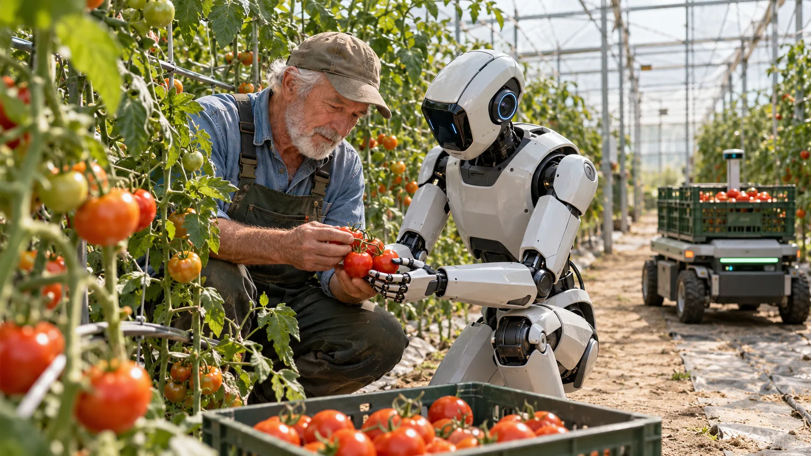 Older greenhouse grower and an embodied AI examining tomatoes together