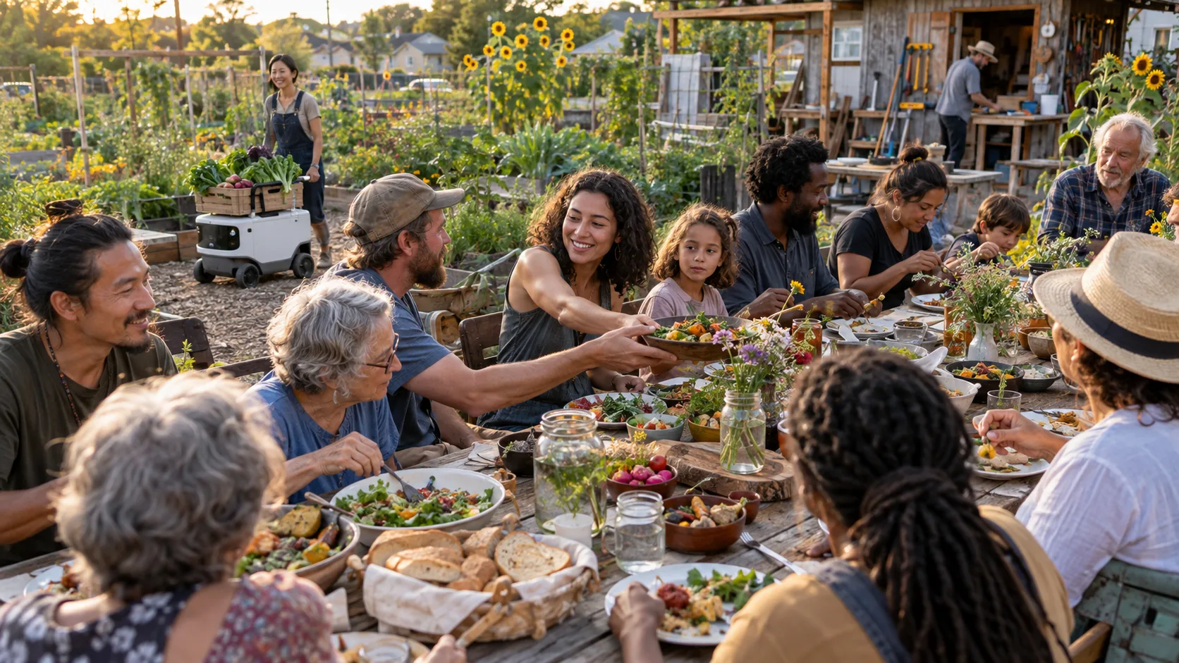 Neighbors of different ages sharing a community meal beside a productive garden