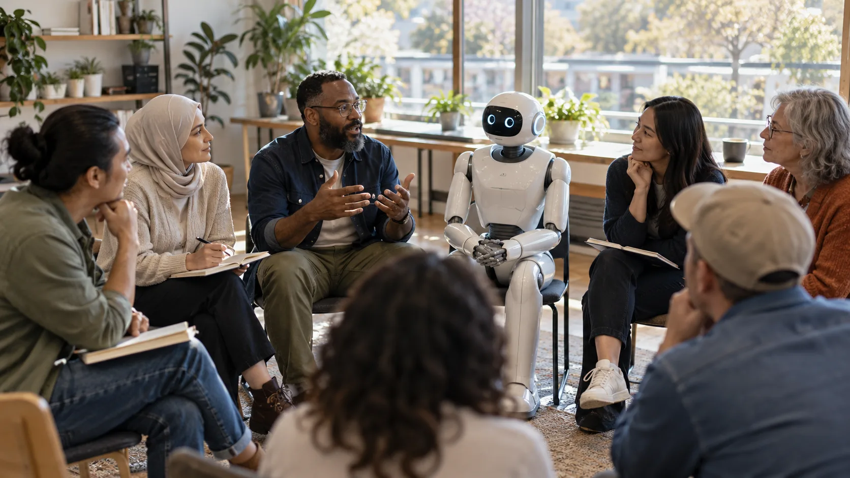 Diverse adults and an embodied AI listening to one another in a community circle