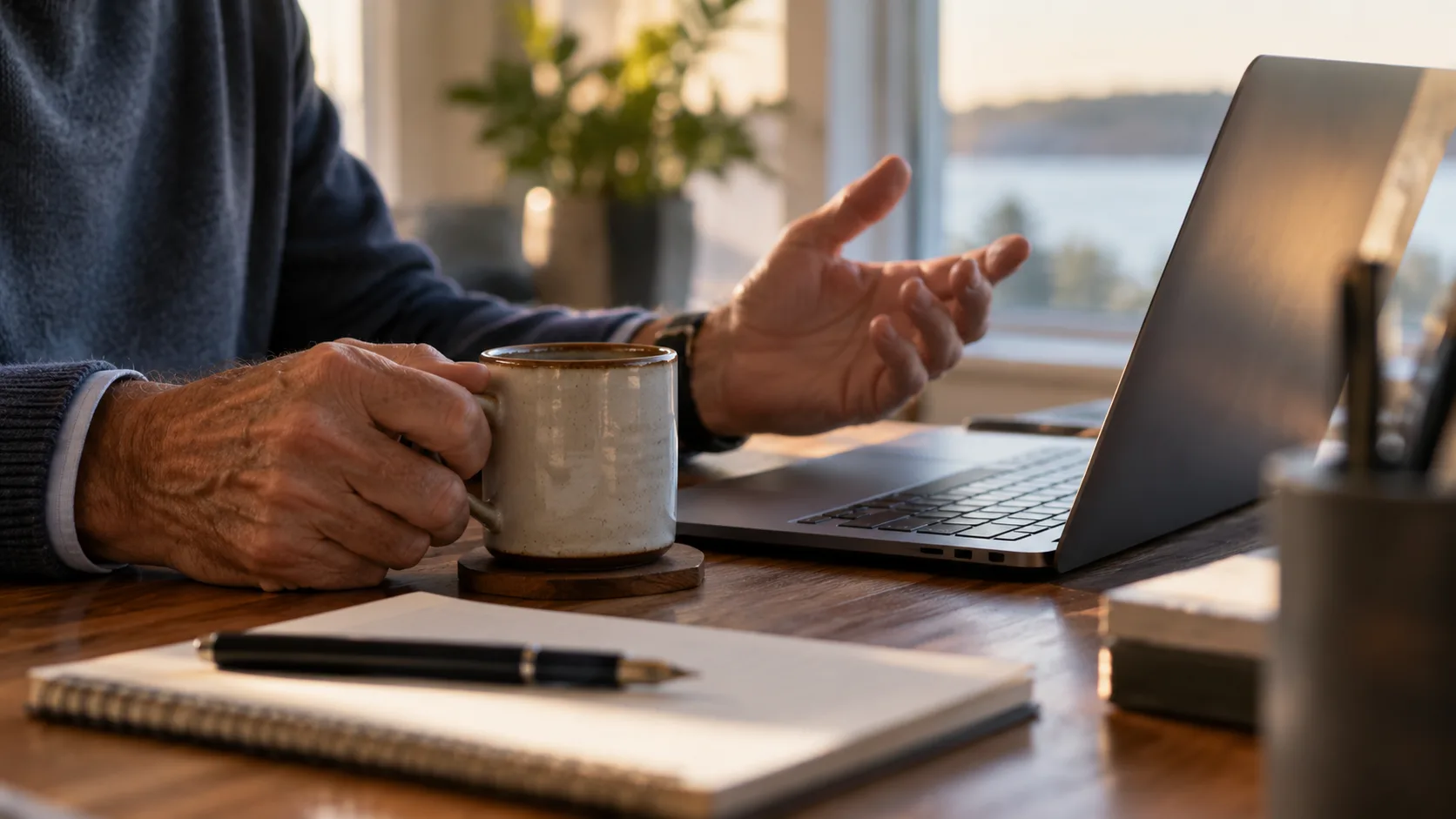 An older man gestures beside an open laptop and coffee mug during an early-morning conversation.
