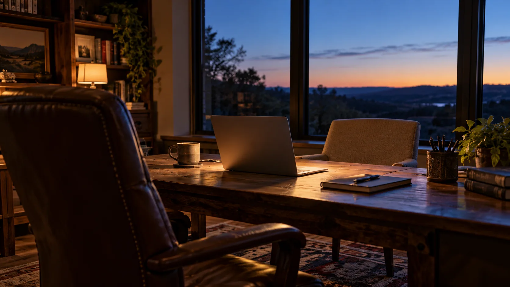 Two chairs face an open laptop across a wooden desk as dawn appears through the windows.