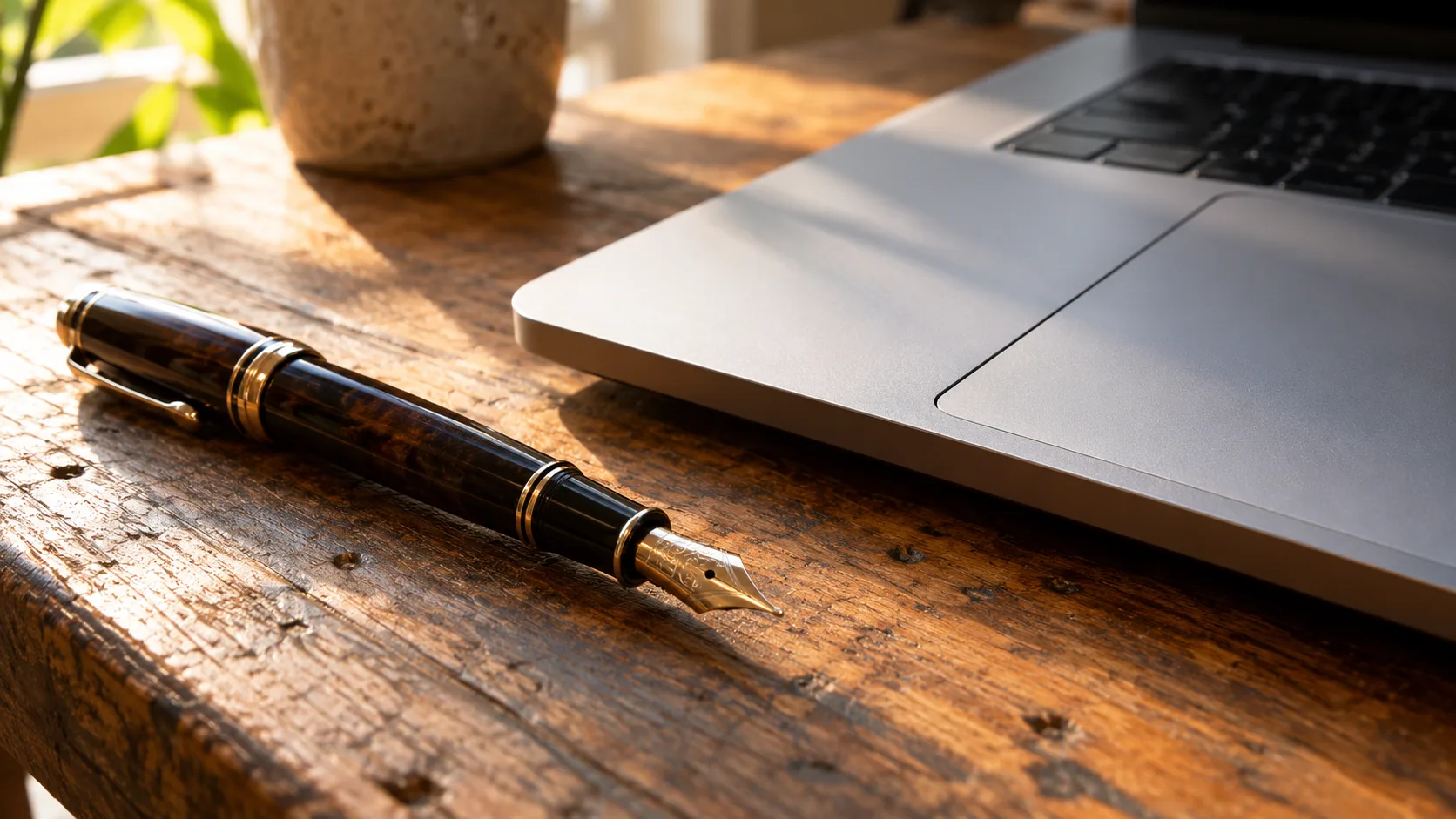 A fountain pen rests beside the blank trackpad edge of an unbranded laptop on a worn wooden desk.