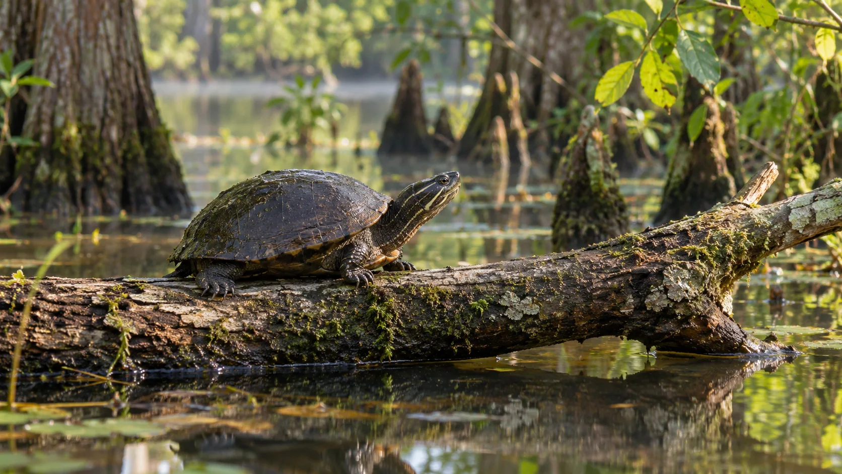 A common musk turtle basking on a fallen branch above a wooded East Texas pond.