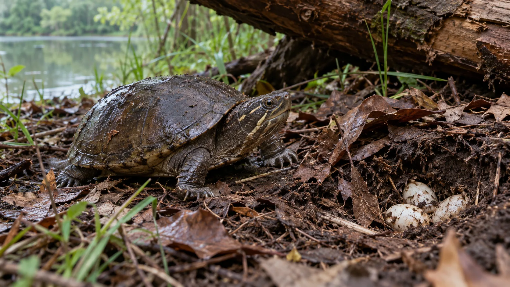 A female common musk turtle beside a shallow nest containing several small white eggs.