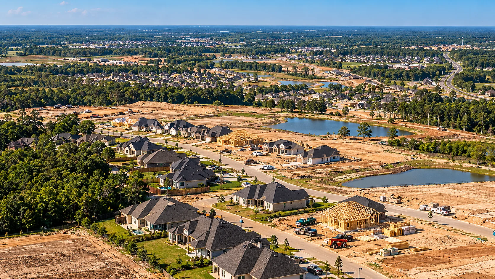 From above, the scale of Montgomery County's expansion becomes clear as new neighborhoods spread into previously wooded areas and infrastructure has to follow.