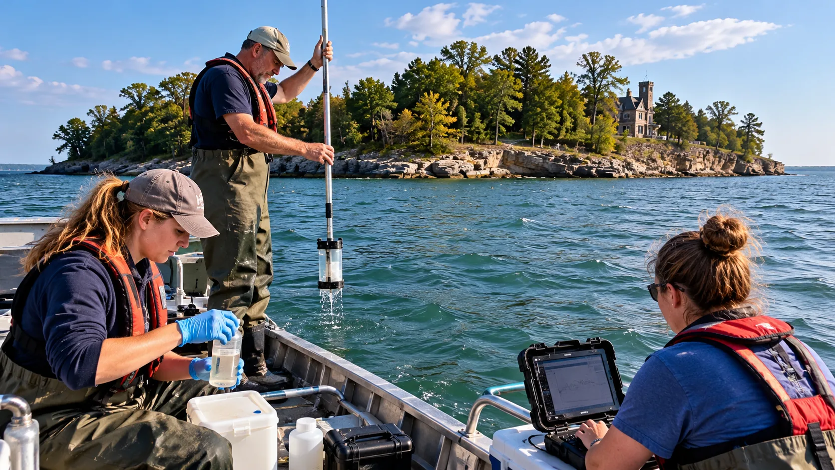 Stone Lab researchers study Lake Erie water quality, harmful algal blooms and other freshwater issues from the middle of the system they are studying. Editorial illustration.