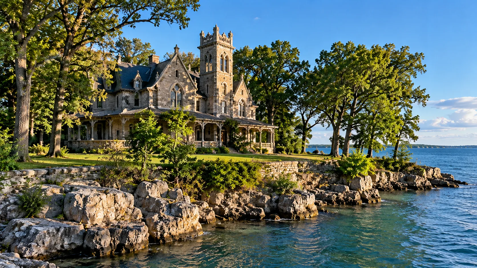 Before Gibraltar Island became an Ohio State campus, financier Jay Cooke made it a summer retreat and built the Gothic-style residence now known as Cooke Castle. Editorial illustration.
