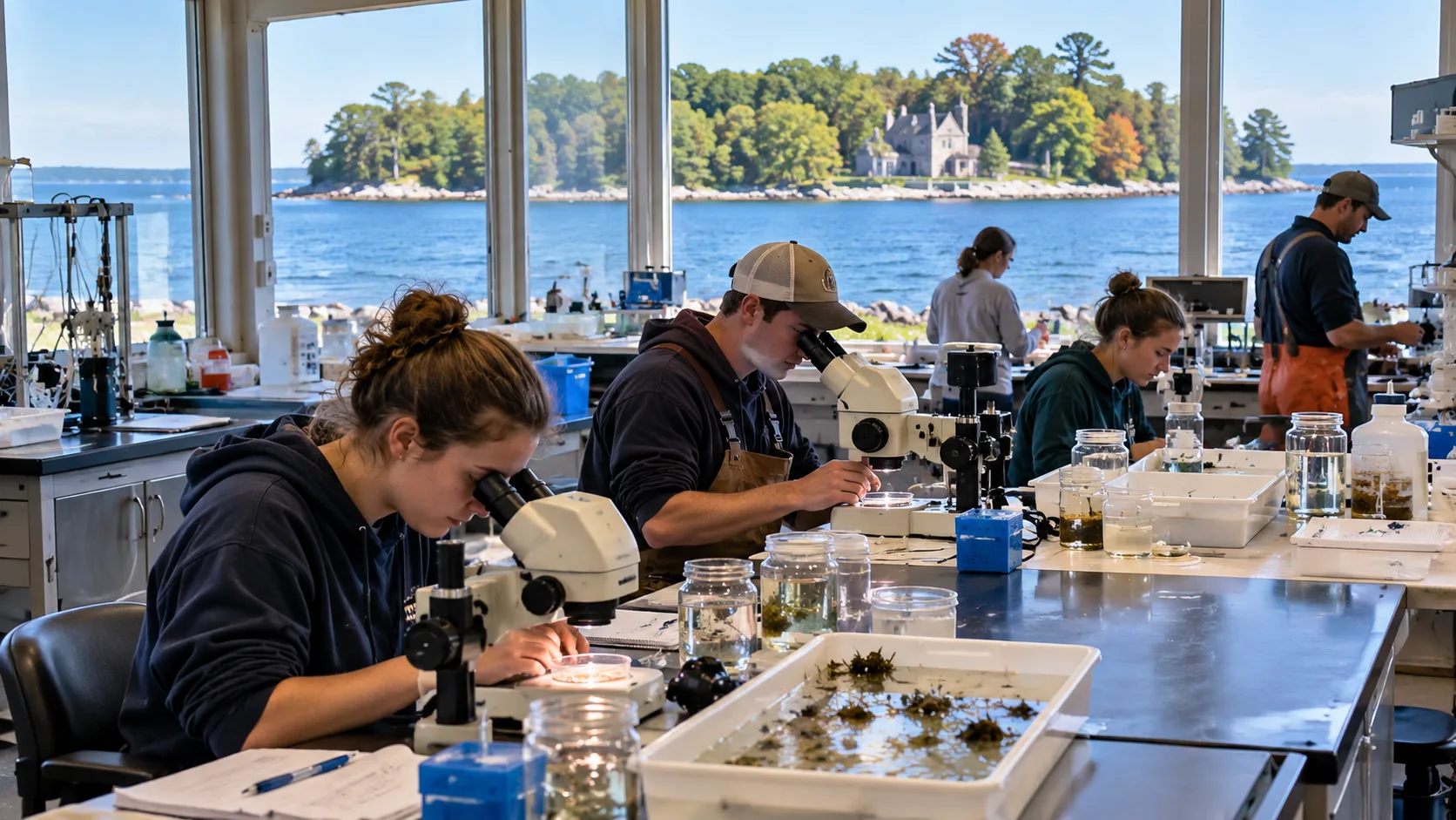 Stone Lab combines field research with hands-on science education for students, educators and visiting researchers. Editorial illustration.