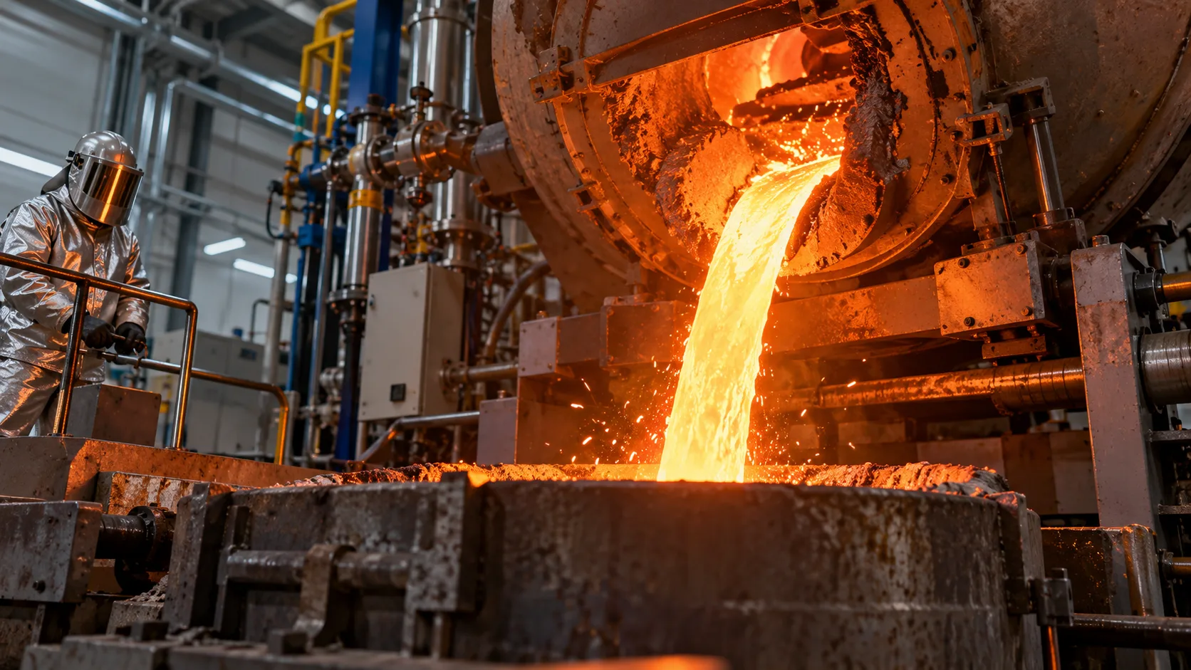 Close view of molten iron flowing from an industrial furnace as a protected operator monitors the process.
