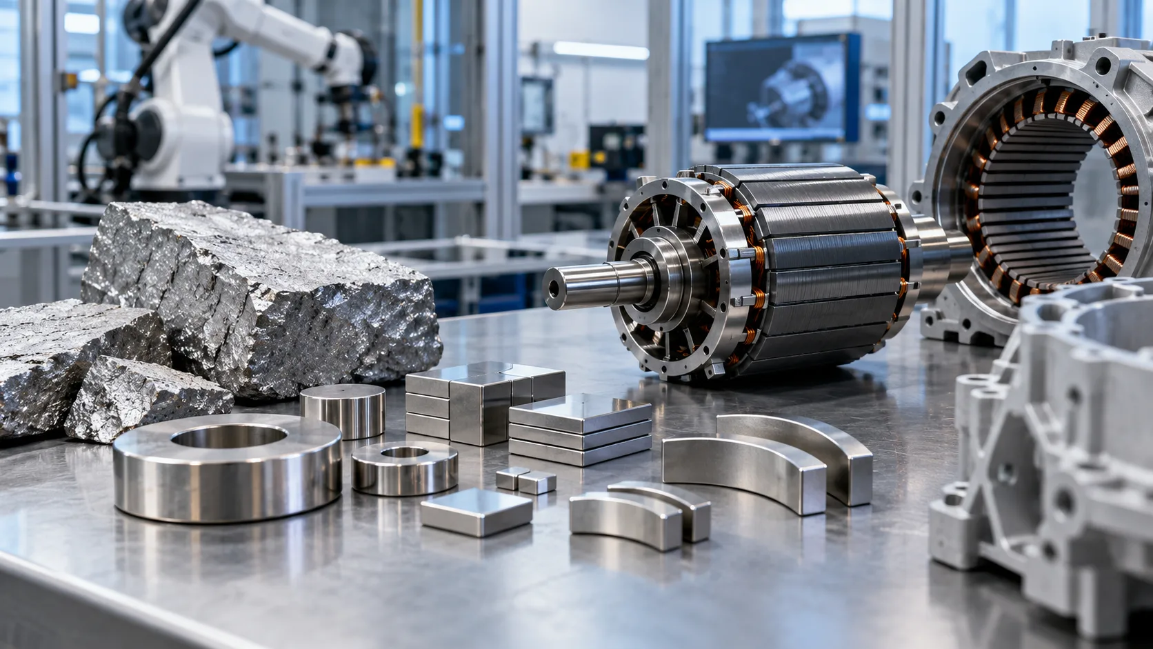 High-purity metal pieces, permanent magnet shapes and an electric motor assembly on an engineering workbench.