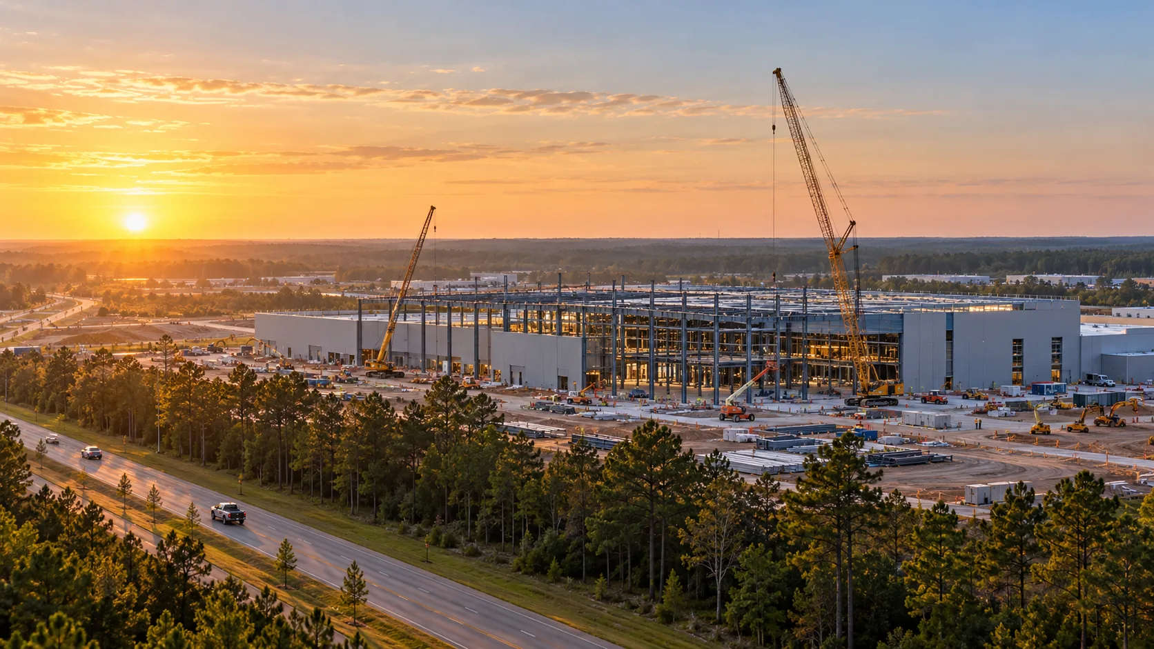 Large advanced-manufacturing facility under construction beside pine trees and a Texas industrial corridor at sunrise.