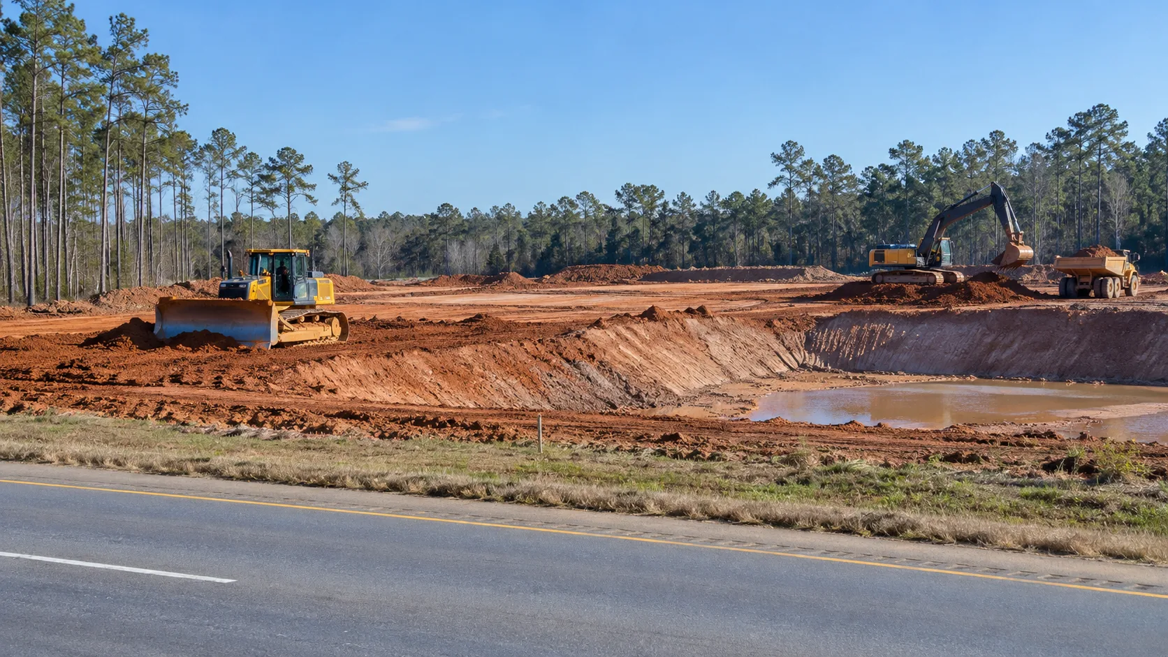 AI-generated editorial illustration of active grading and drainage work at a roadside commercial site near Willis, Texas