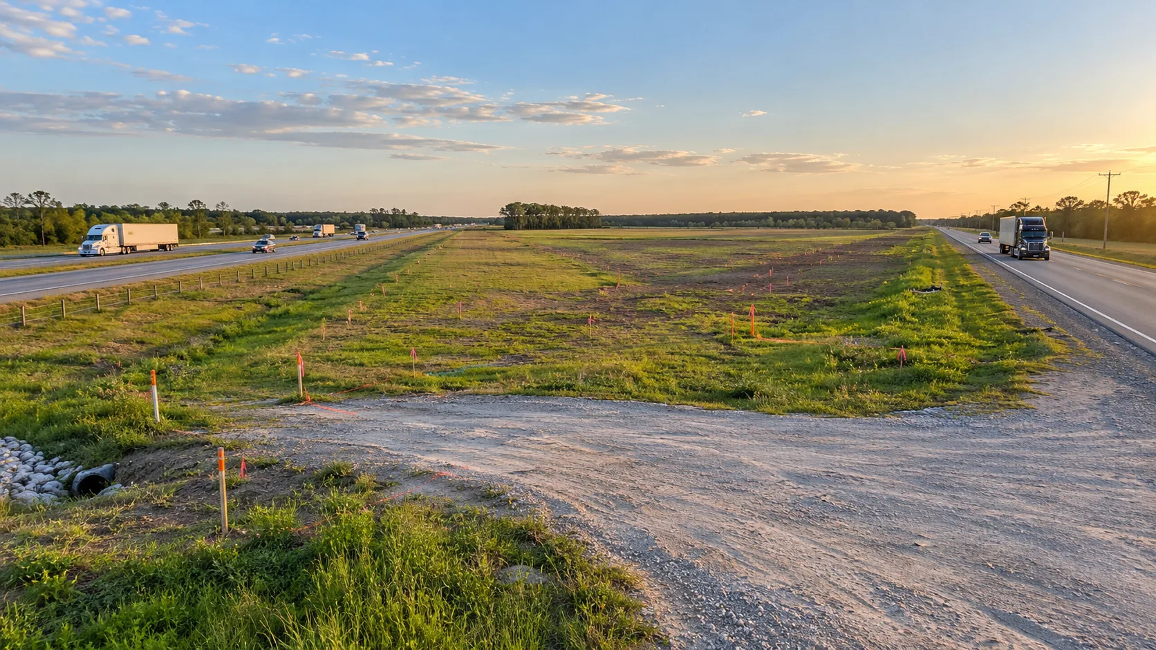 AI-generated editorial illustration of the open tract planned for the In-Time Truck Stop between Interstate 45 and Highway 75