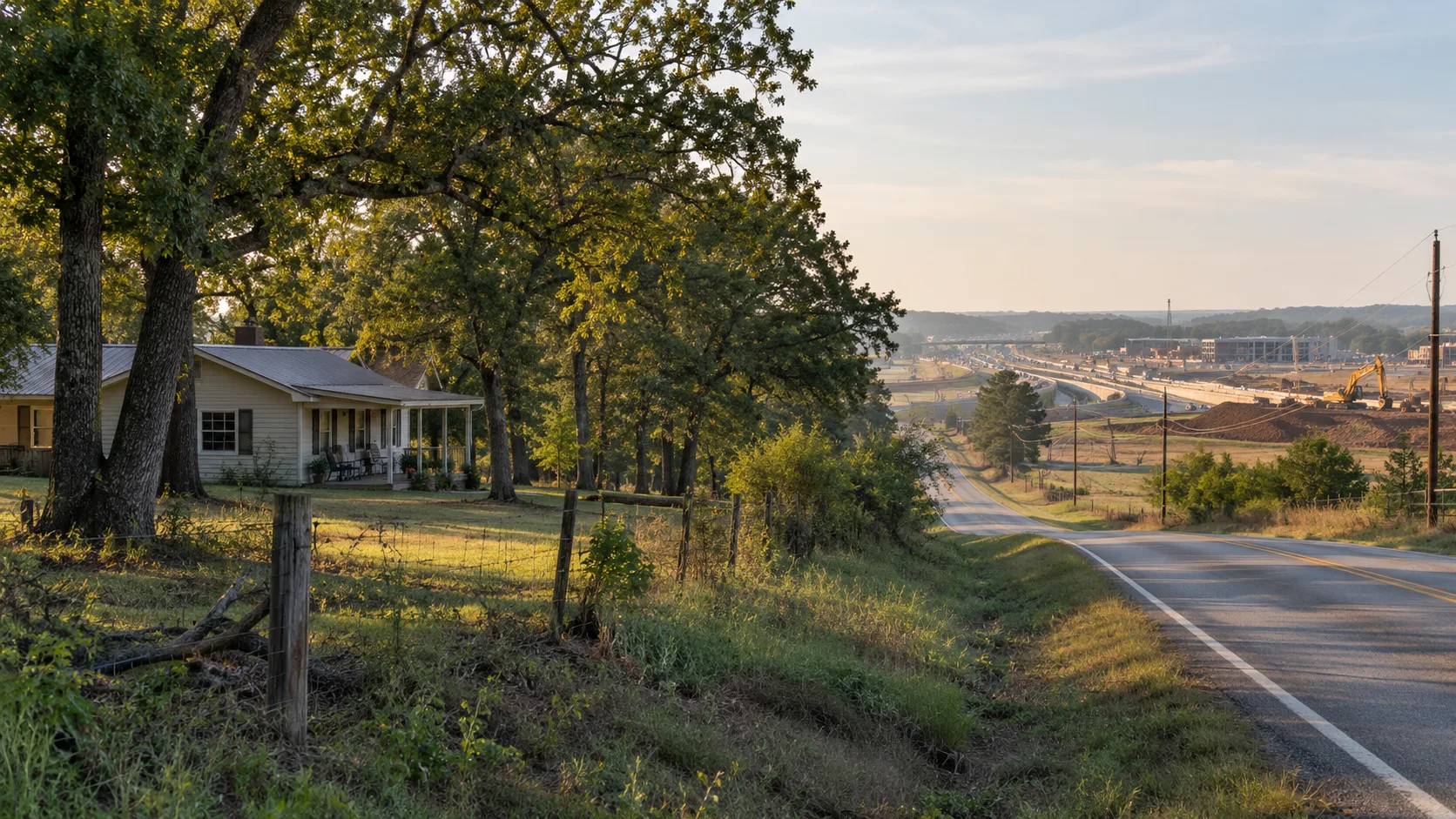 AI-generated editorial illustration of homes and wooded acreage along the edge of highway-driven development near Willis, Texas